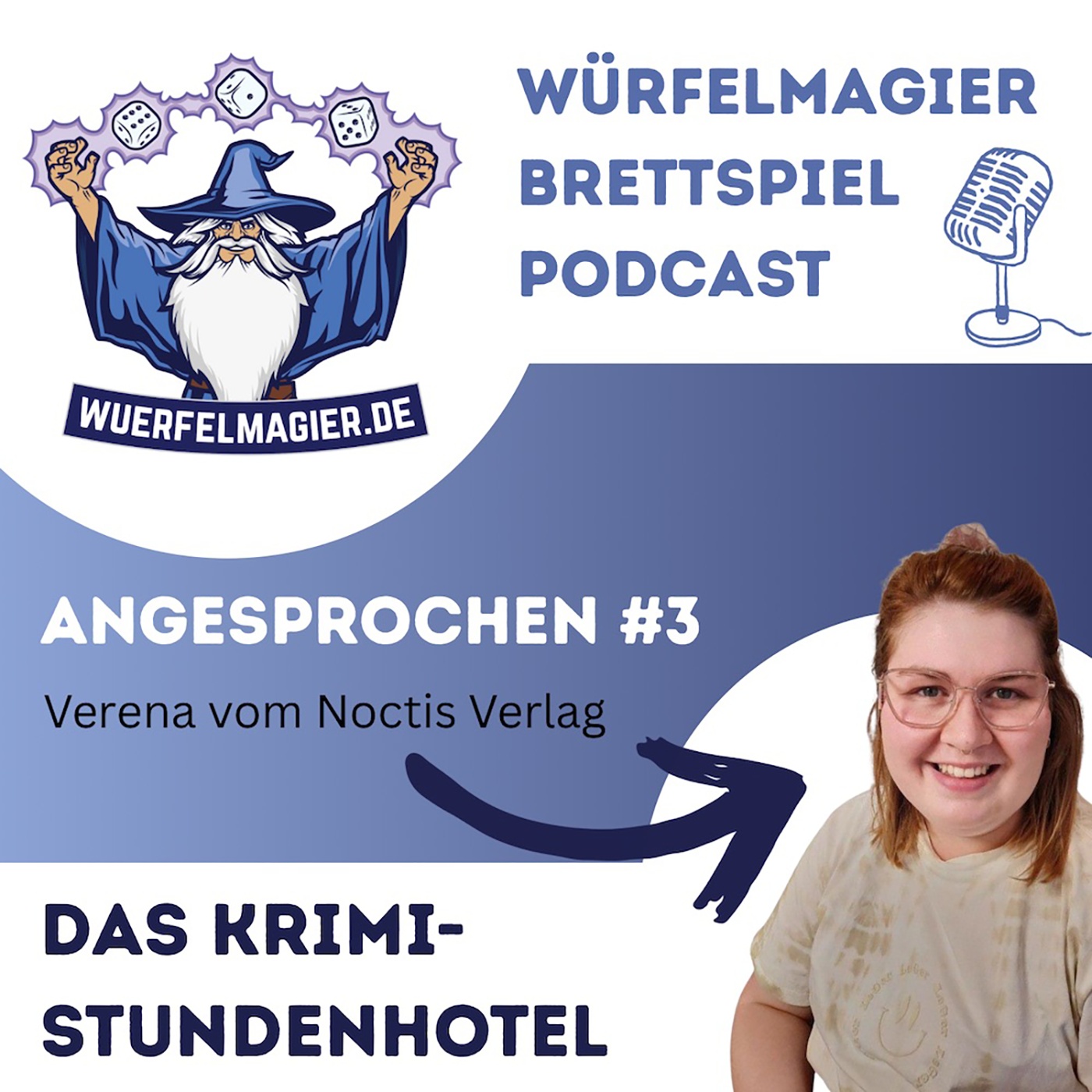 Cover des Würfelmagier Brettspiel Podcast mit dem Titel "Das Krimi Stundenhotel" mit einem Bild von Verena vom noctis Verlag
