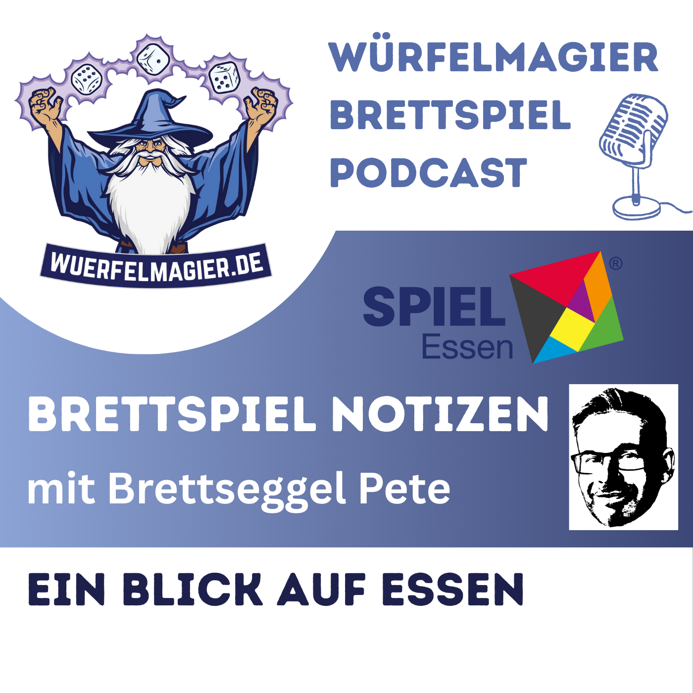 Cover zur aktuellen Podcastfolge mit dem Logo der SPIEL Messe und dem Bild von Pete vom Podcast Brettseggel