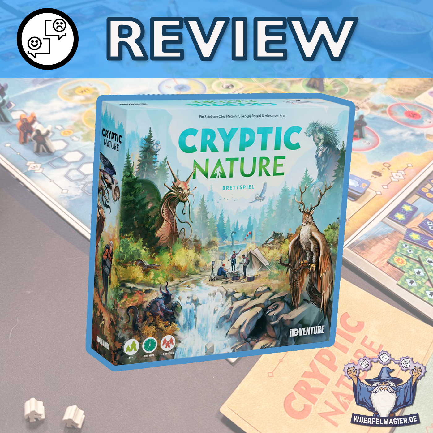 Cover für das Review des Spiels Cryptic Nature. Man sieht die Spielschachtel und schattiert im Hintergrund eine Spielszene