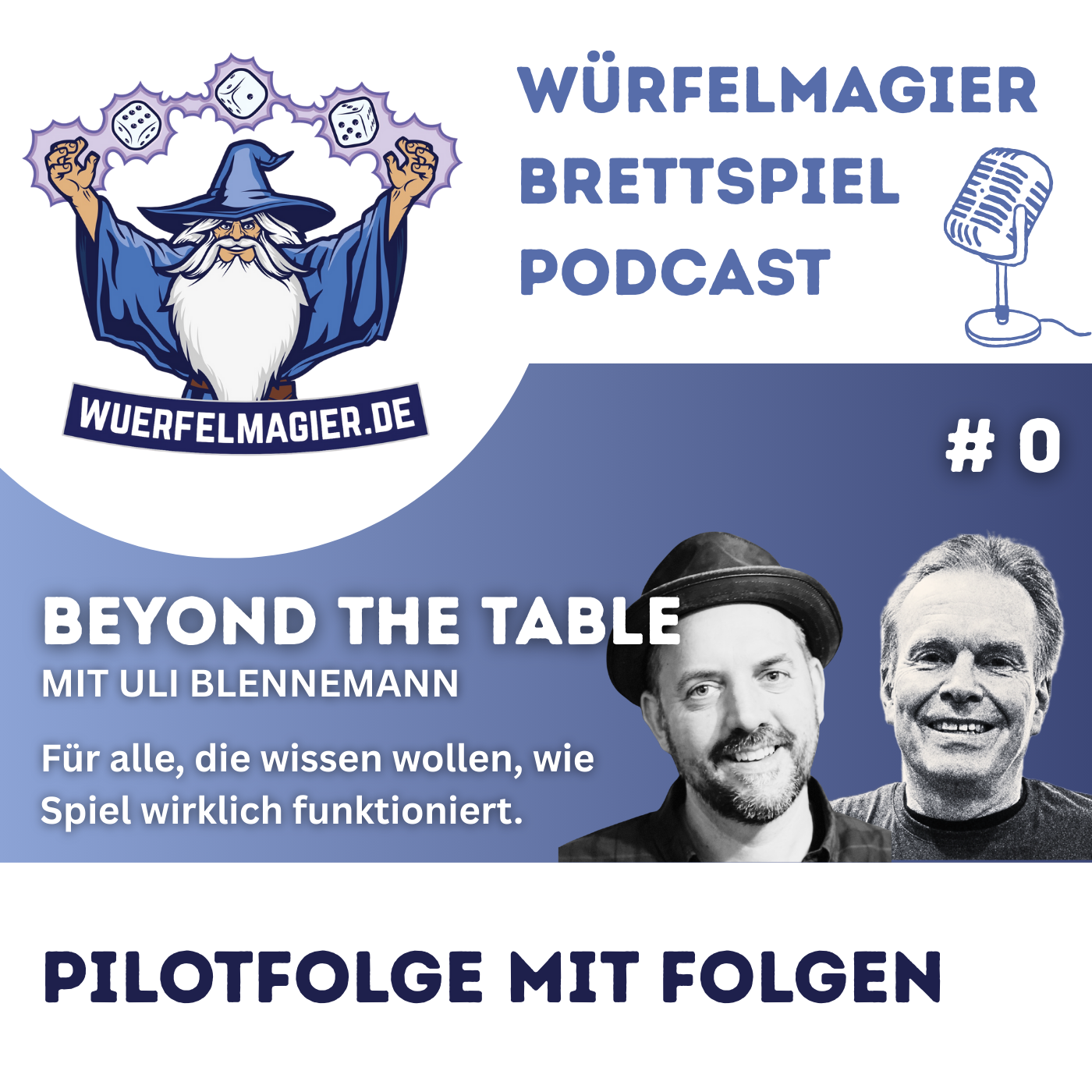 Cover des Würfelamgier Bretspielpodcast zeigt Dirk und Uli und ihr Podcast Format Beyond the Table mit dem Titel Pilotfilme mit Folgen